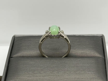 10K White Gold Green Sapphire Cabochon Ring Oval Ring Diamond Accents