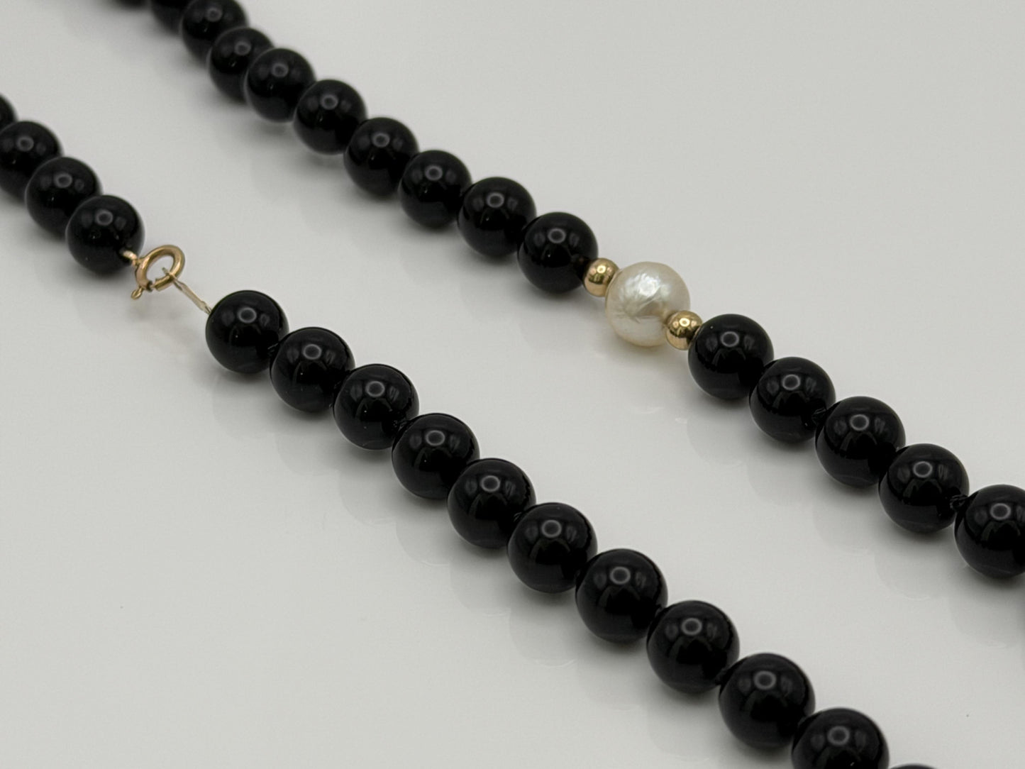 14K Gold Black Bead & Pearl Necklace 20” | Elegant Onyx Style Beaded Necklace