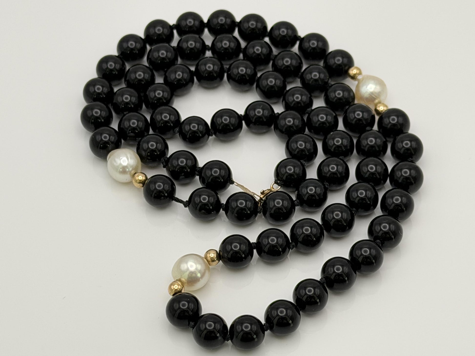 14K Gold Black Bead & Pearl Necklace 20” | Elegant Onyx Style Beaded Necklace