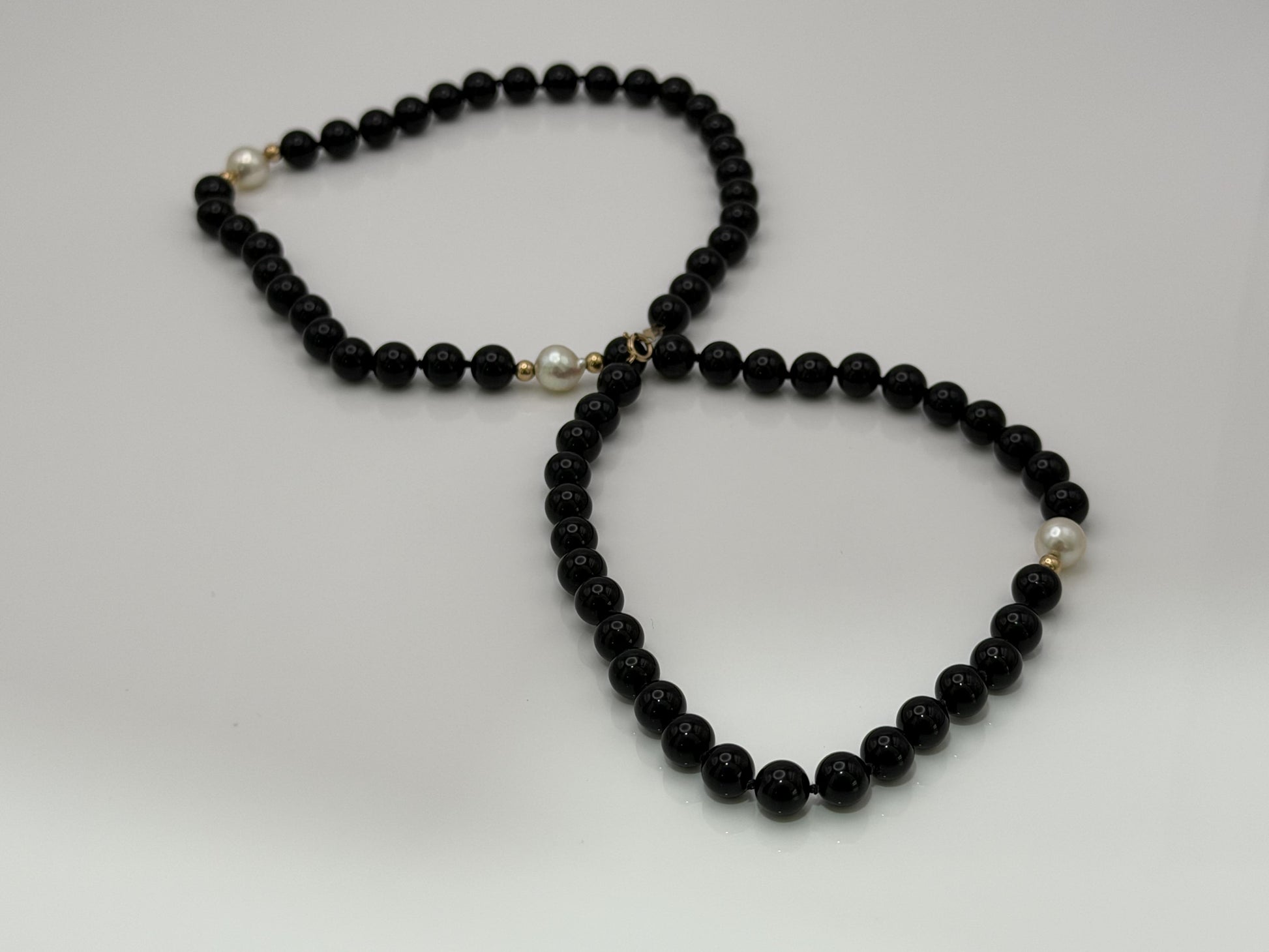 14K Gold Black Bead & Pearl Necklace 20” | Elegant Onyx Style Beaded Necklace