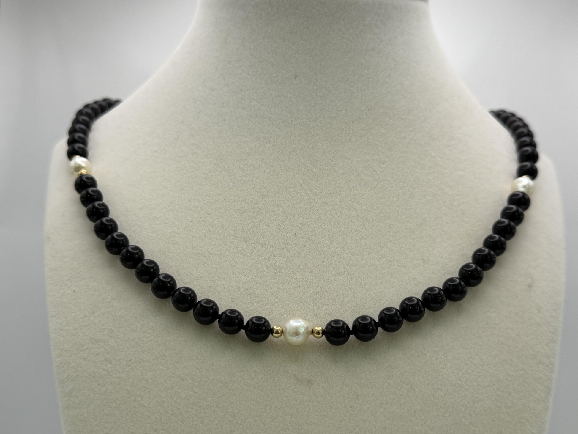 14K Gold Black Bead & Pearl Necklace 20” | Elegant Onyx Style Beaded Necklace