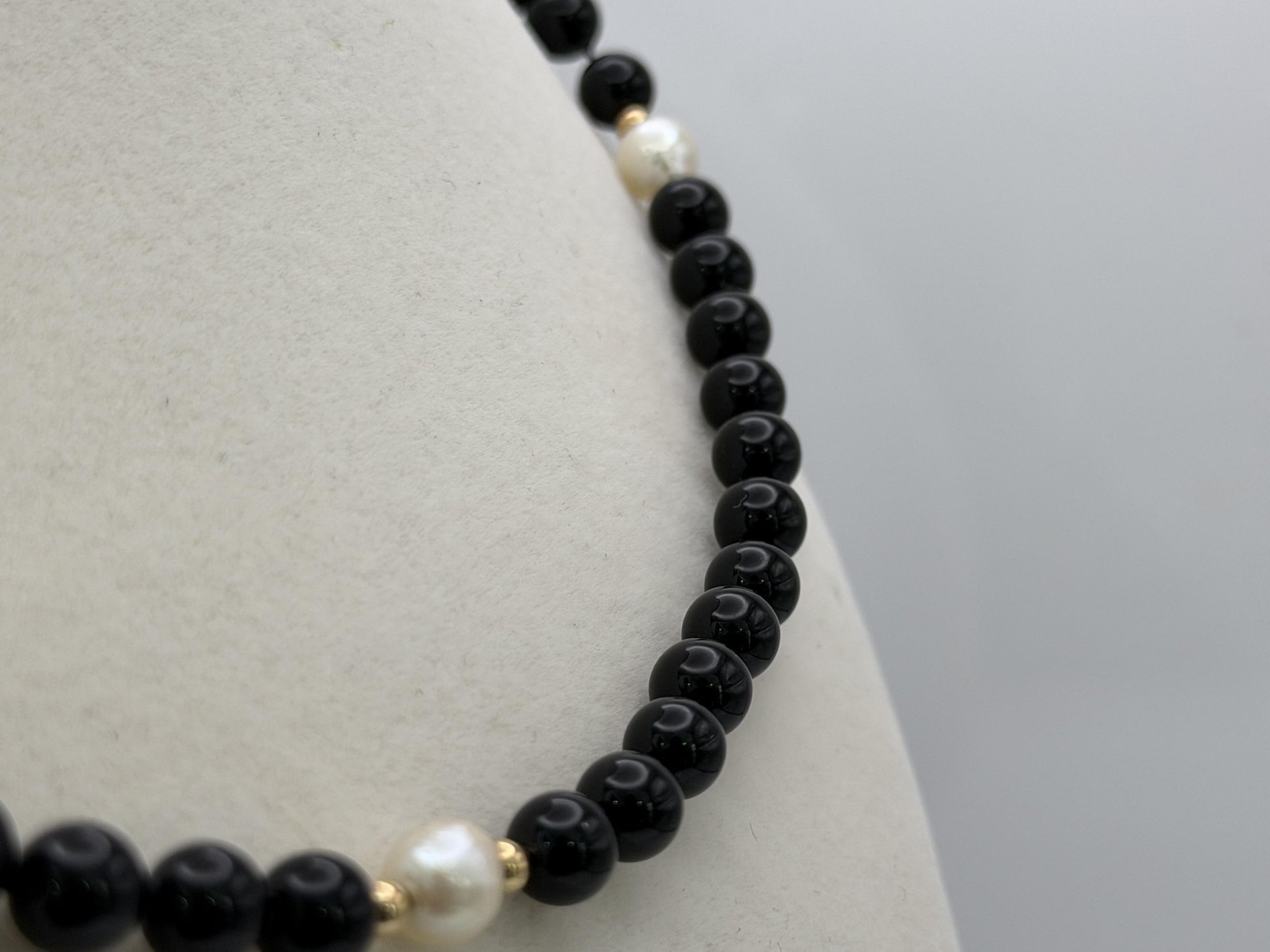 14K Gold Black Bead & Pearl Necklace 20” | Elegant Onyx Style Beaded Necklace