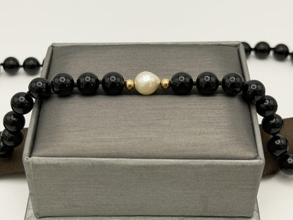 14K Gold Black Bead & Pearl Necklace 20” | Elegant Onyx Style Beaded Necklace