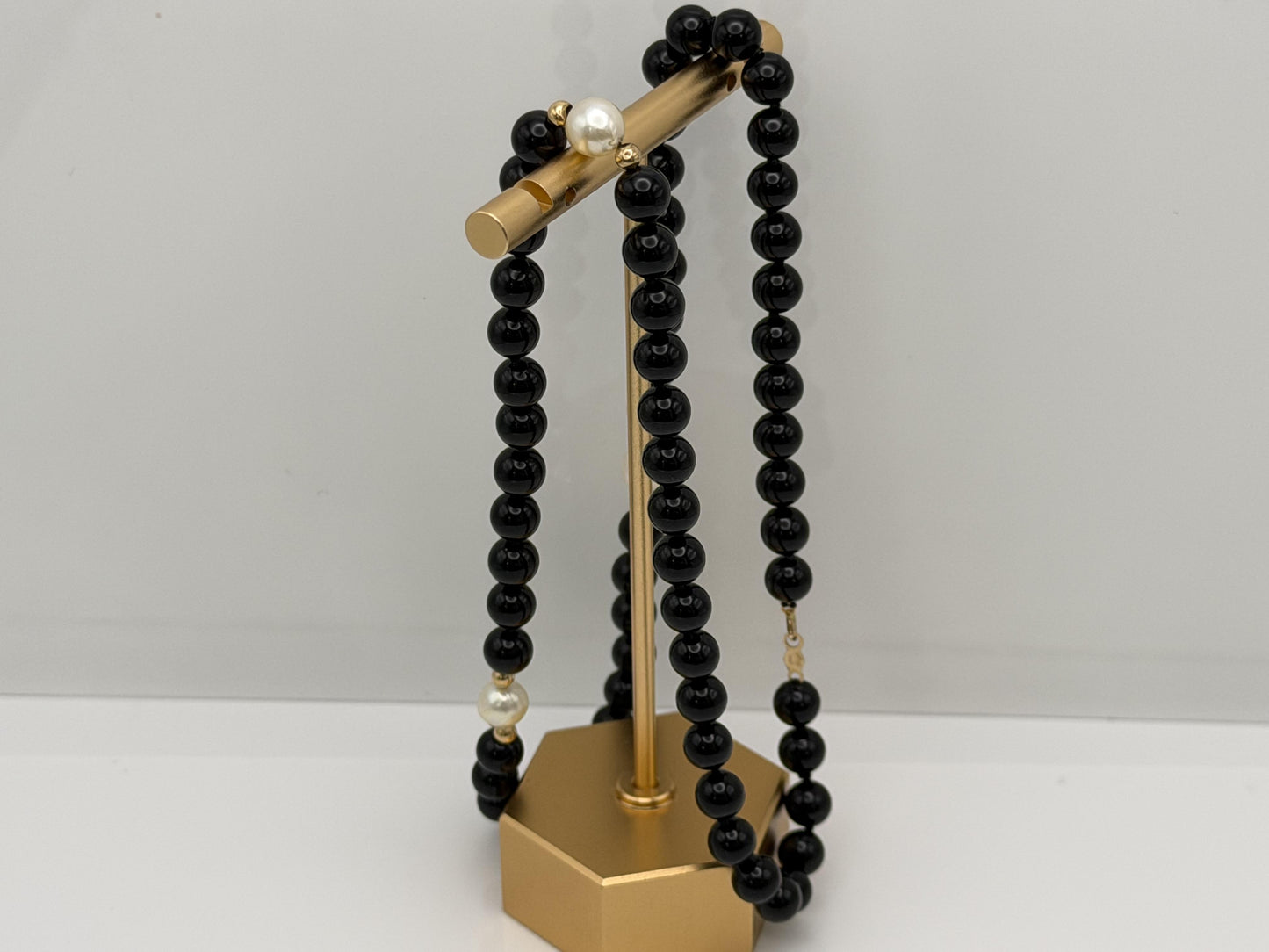 14K Gold Black Bead & Pearl Necklace 20” | Elegant Onyx Style Beaded Necklace