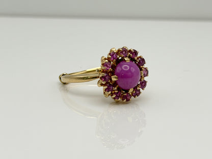14K Gold Ruby Halo Ring Star Ruby Center Vintage Style Pink Ruby Cluster