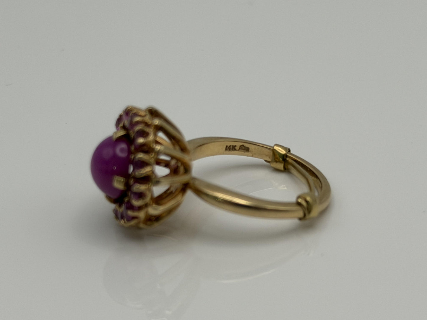 14K Gold Ruby Halo Ring Star Ruby Center Vintage Style Pink Ruby Cluster