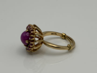 14K Gold Ruby Halo Ring Star Ruby Center Vintage Style Pink Ruby Cluster