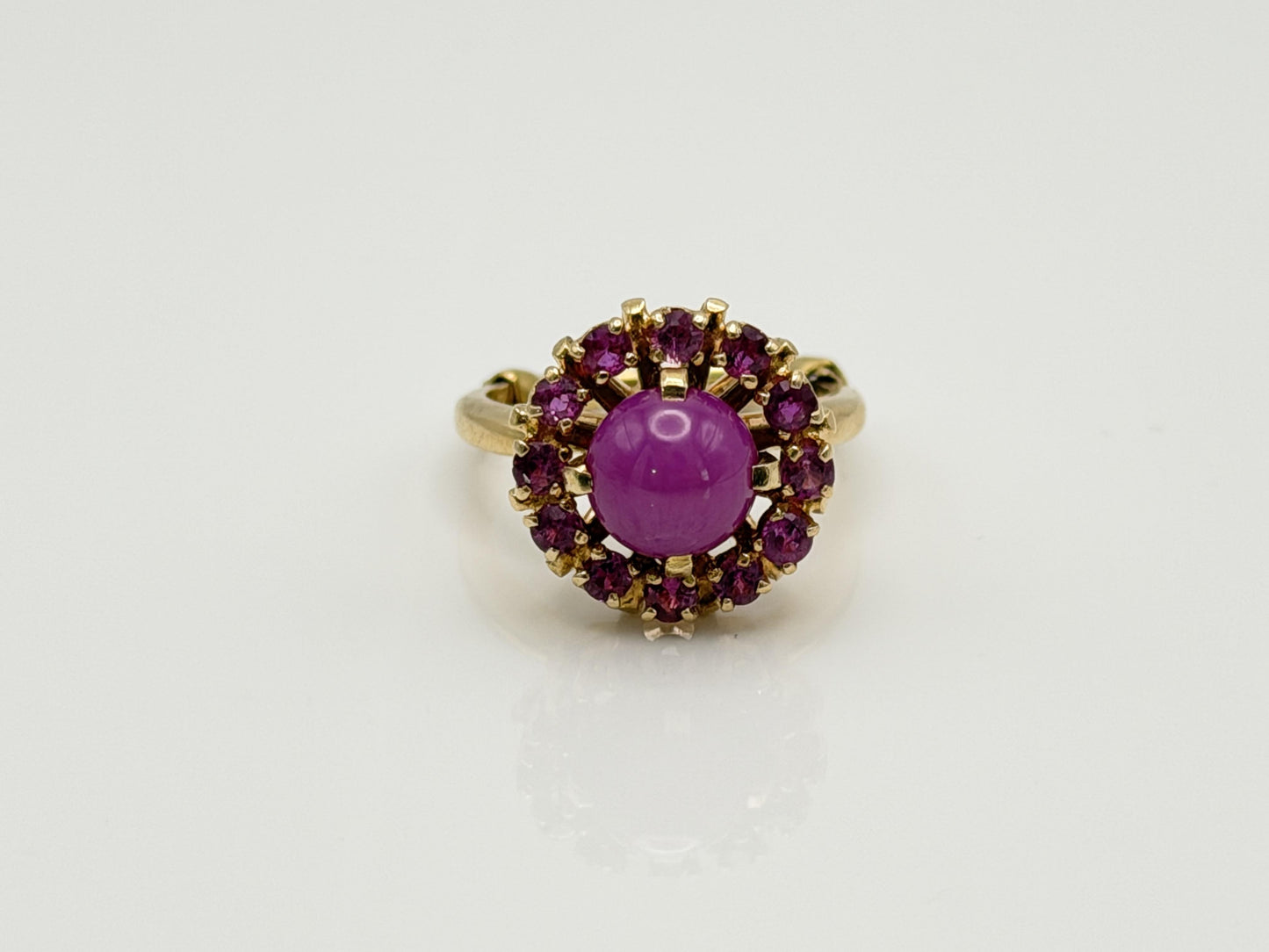14K Gold Ruby Halo Ring Star Ruby Center Vintage Style Pink Ruby Cluster
