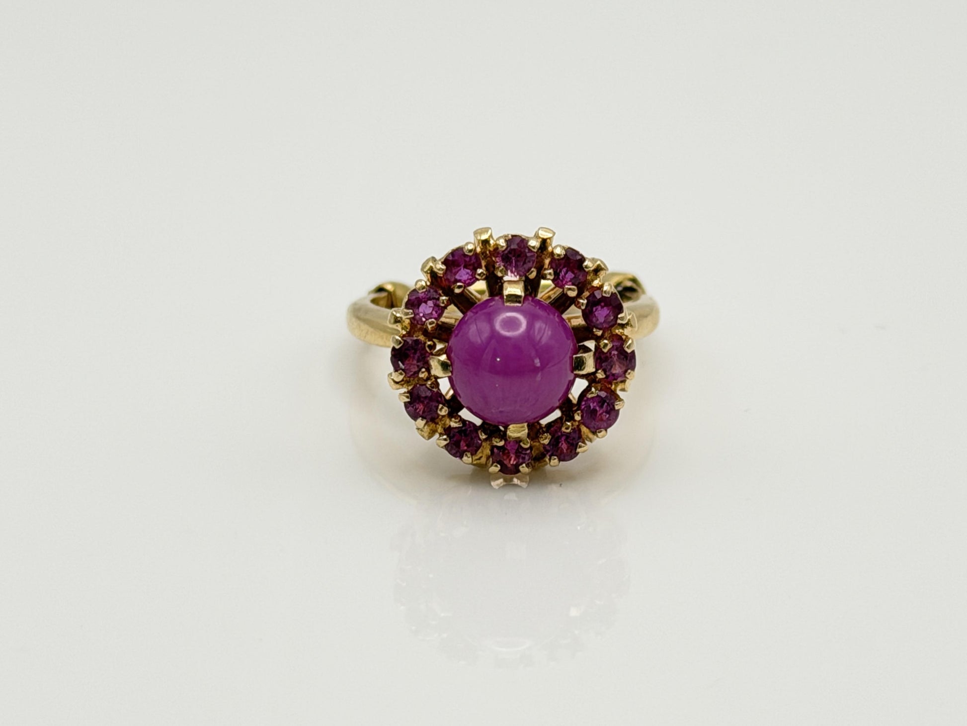 14K Gold Ruby Halo Ring Star Ruby Center Vintage Style Pink Ruby Cluster