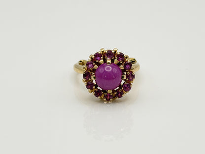 14K Gold Ruby Halo Ring Star Ruby Center Vintage Style Pink Ruby Cluster