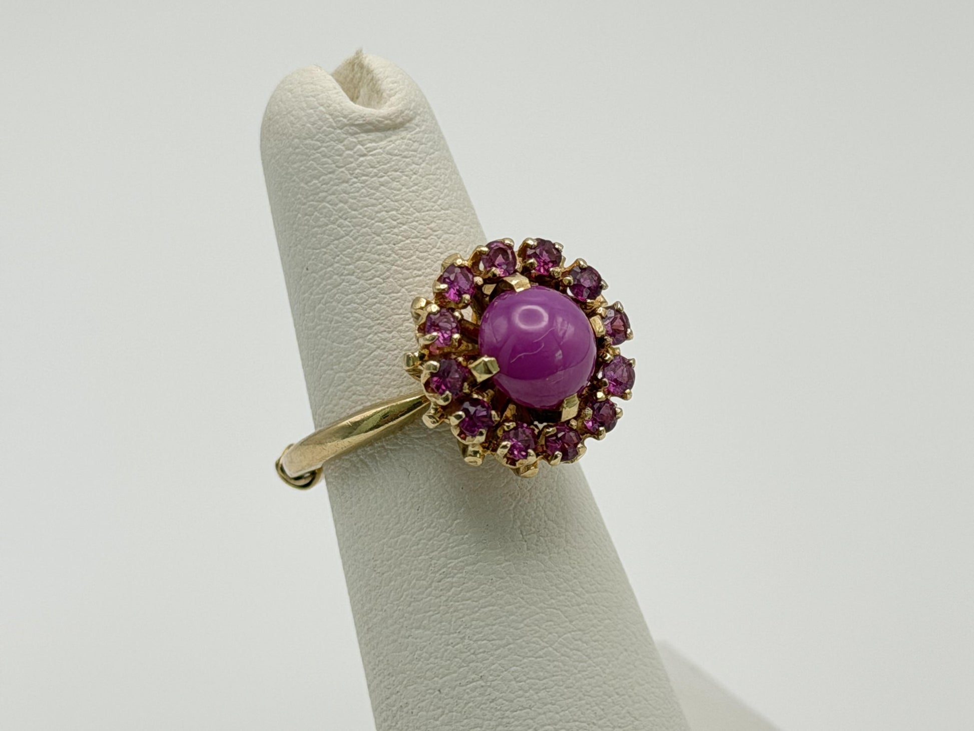 14K Gold Ruby Halo Ring Star Ruby Center Vintage Style Pink Ruby Cluster