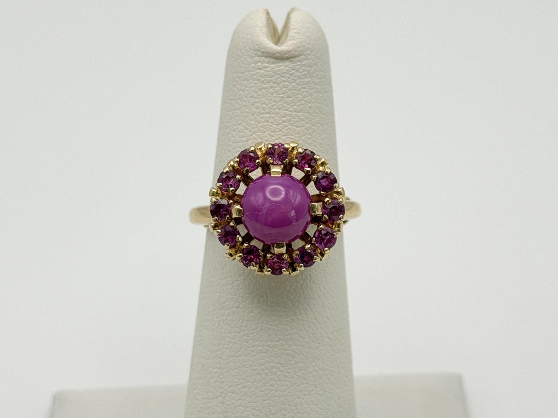 14K Gold Ruby Halo Ring Star Ruby Center Vintage Style Pink Ruby Cluster