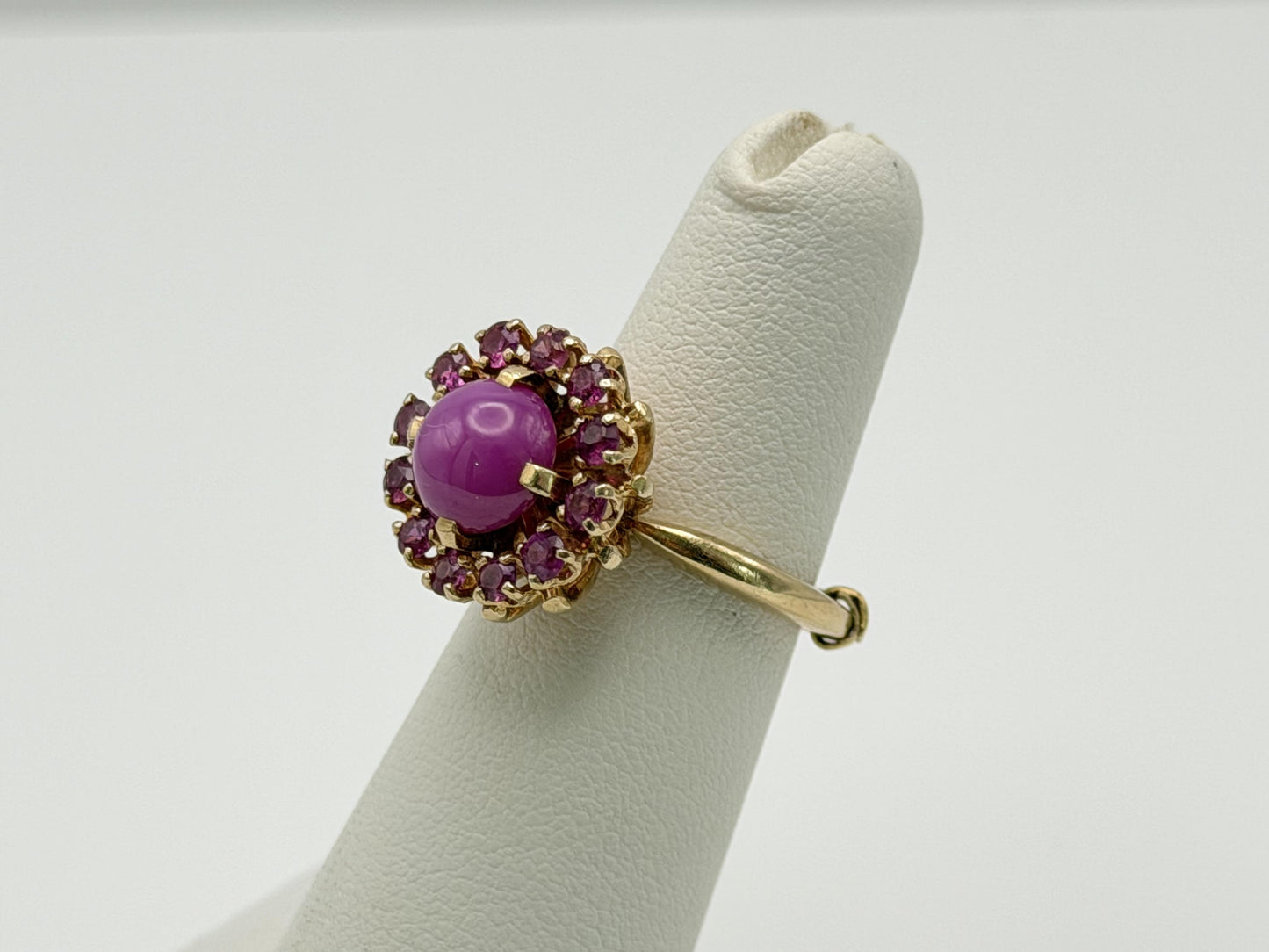 14K Gold Ruby Halo Ring Star Ruby Center Vintage Style Pink Ruby Cluster
