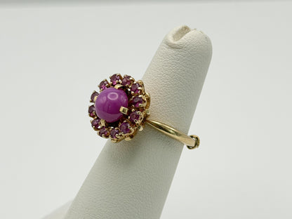 14K Gold Ruby Halo Ring Star Ruby Center Vintage Style Pink Ruby Cluster