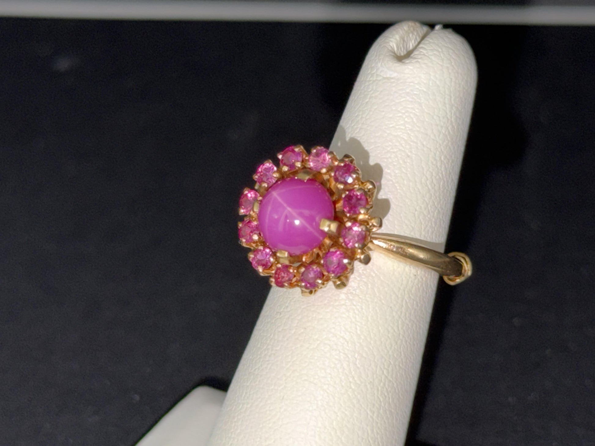 14K Gold Ruby Halo Ring Star Ruby Center Vintage Style Pink Ruby Cluster