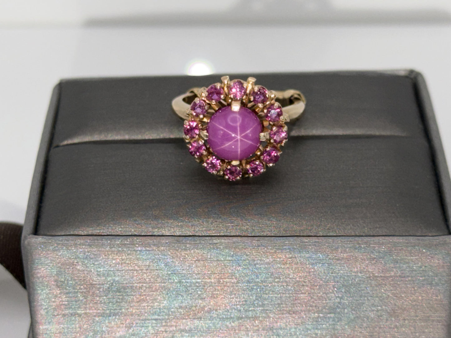 14K Gold Ruby Halo Ring Star Ruby Center Vintage Style Pink Ruby Cluster