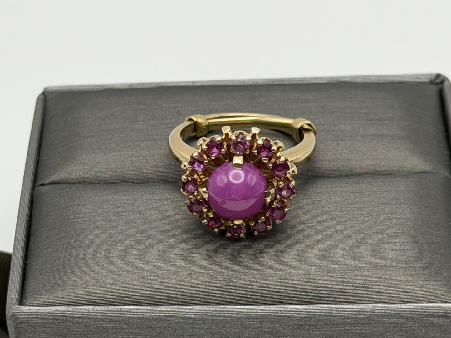 14K Gold Ruby Halo Ring Star Ruby Center Vintage Style Pink Ruby Cluster