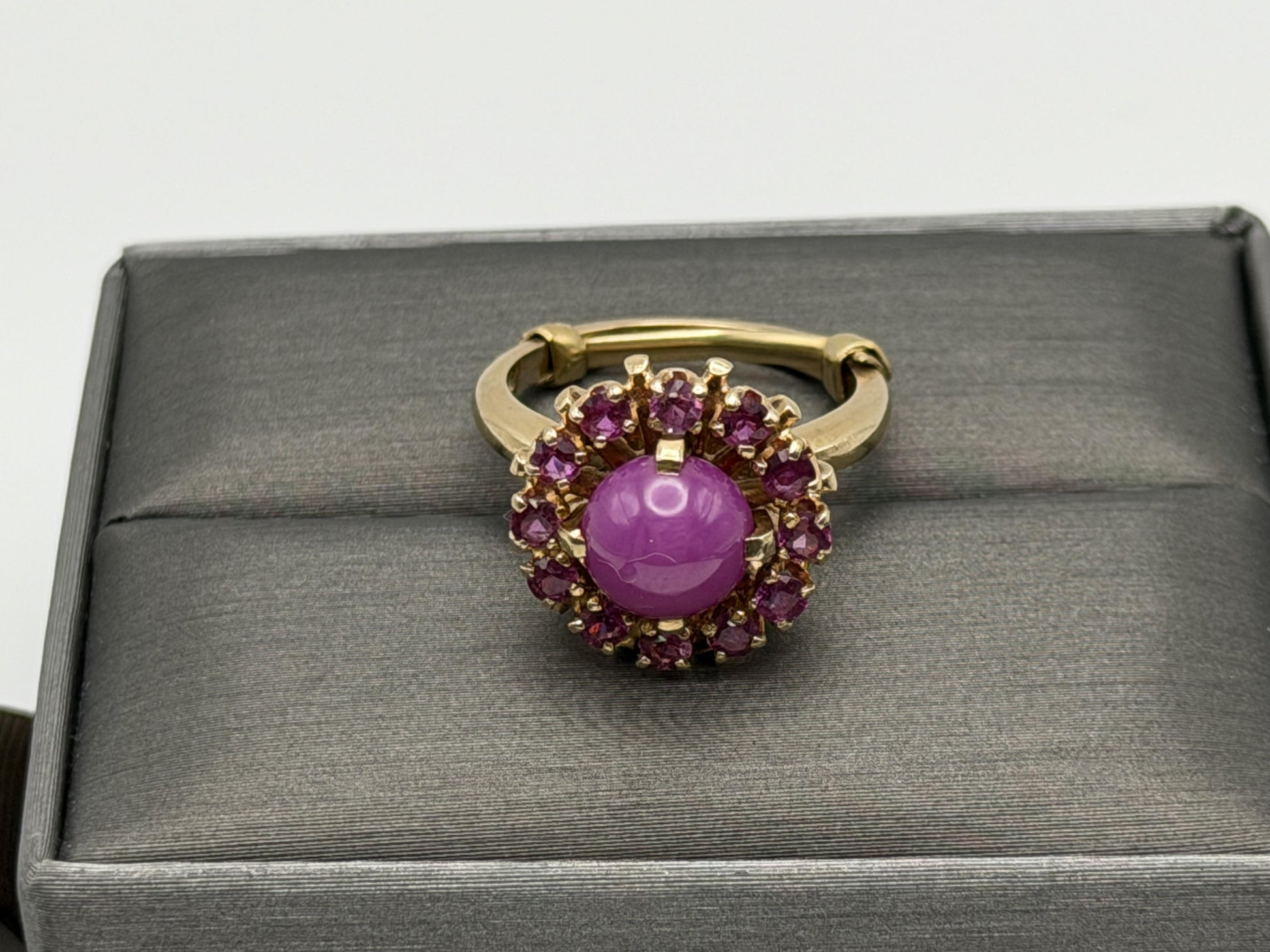 14K Gold Ruby Halo Ring Star Ruby Center Vintage Style Pink Ruby Cluster