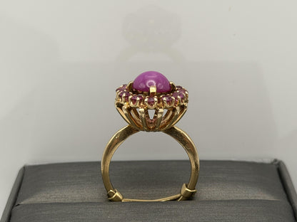 14K Gold Ruby Halo Ring Star Ruby Center Vintage Style Pink Ruby Cluster