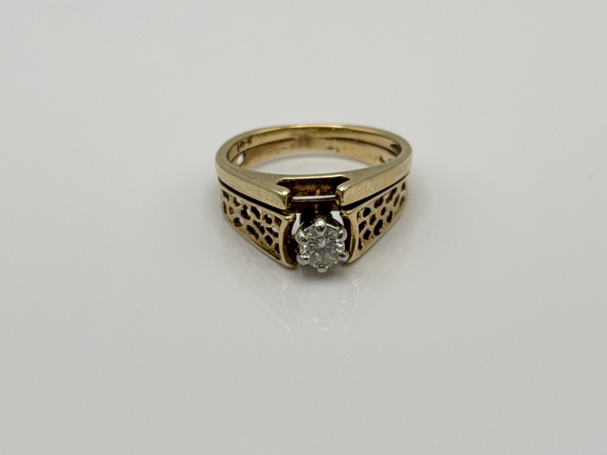 14K Gold Diamond Ring Solitaire Style Vintage Inspired Diamond Ring