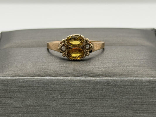 10k Yellow Gold Vintage Yellow Gemstone Pearl Seed Ring.