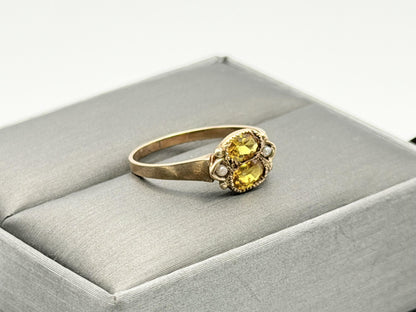10k Yellow Gold Vintage Yellow Gemstone Pearl Seed Ring.