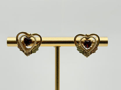 10k Gold Garnet Floral Heart Earrings Vintage Leaf Design Black Hills Gold