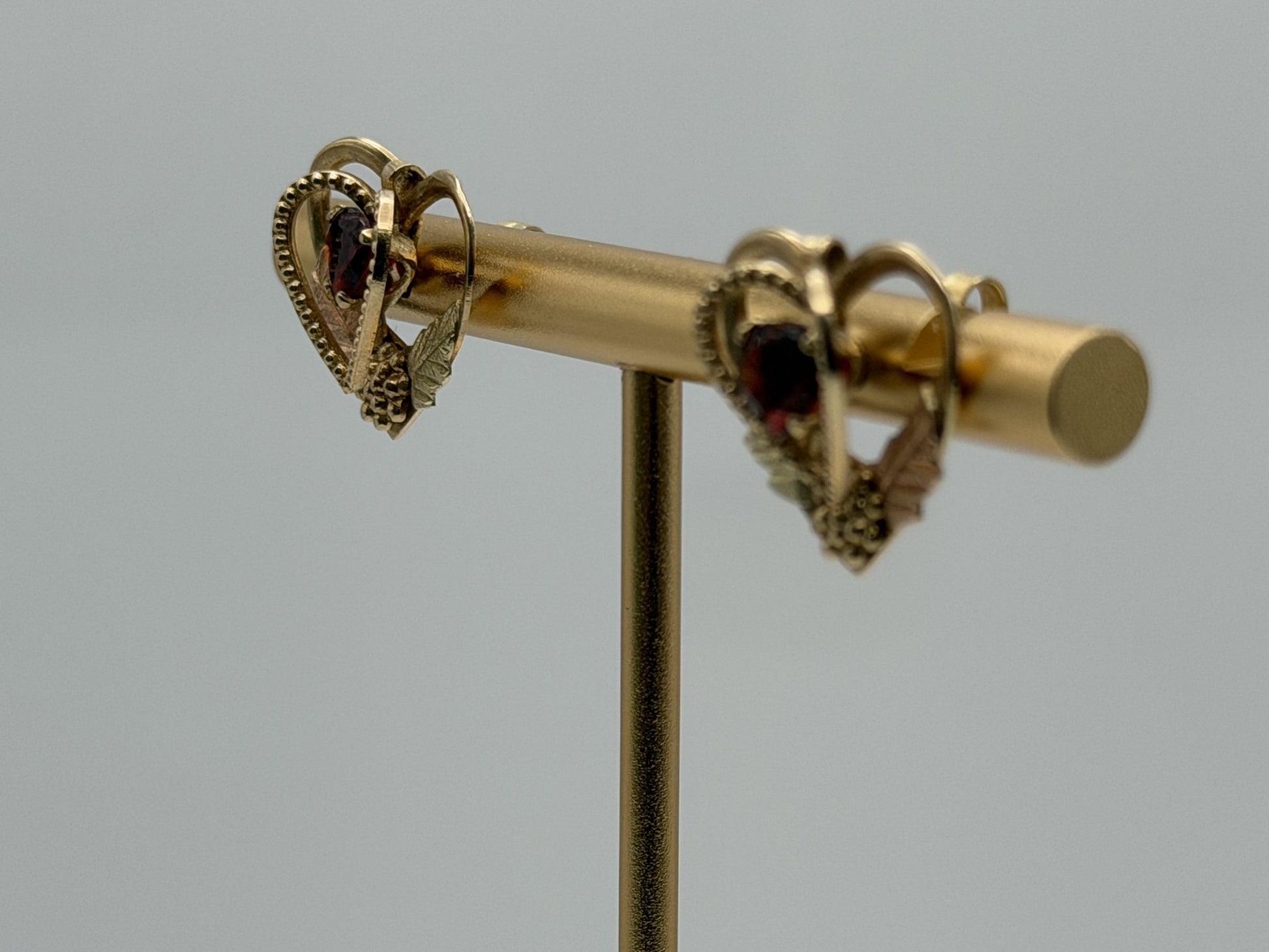 10k Gold Garnet Floral Heart Earrings Vintage Leaf Design Black Hills Gold