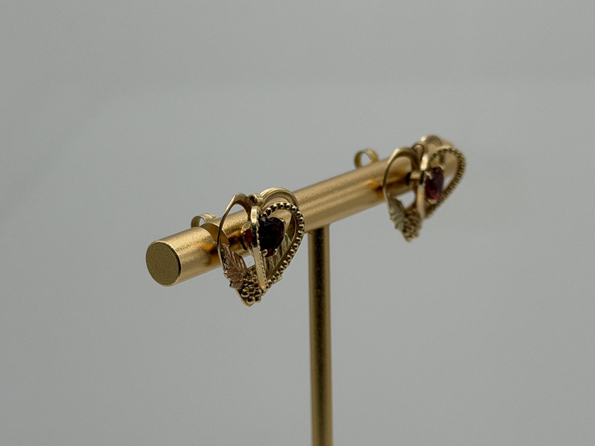 10k Gold Garnet Floral Heart Earrings Vintage Leaf Design Black Hills Gold
