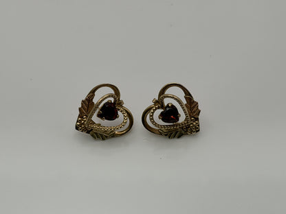 10k Gold Garnet Floral Heart Earrings Vintage Leaf Design Black Hills Gold