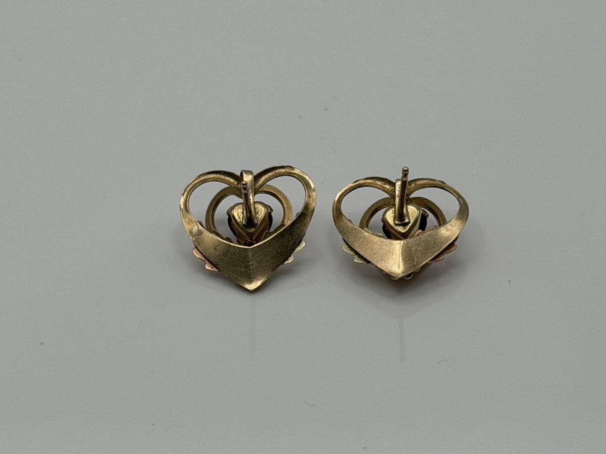 10k Gold Garnet Floral Heart Earrings Vintage Leaf Design Black Hills Gold