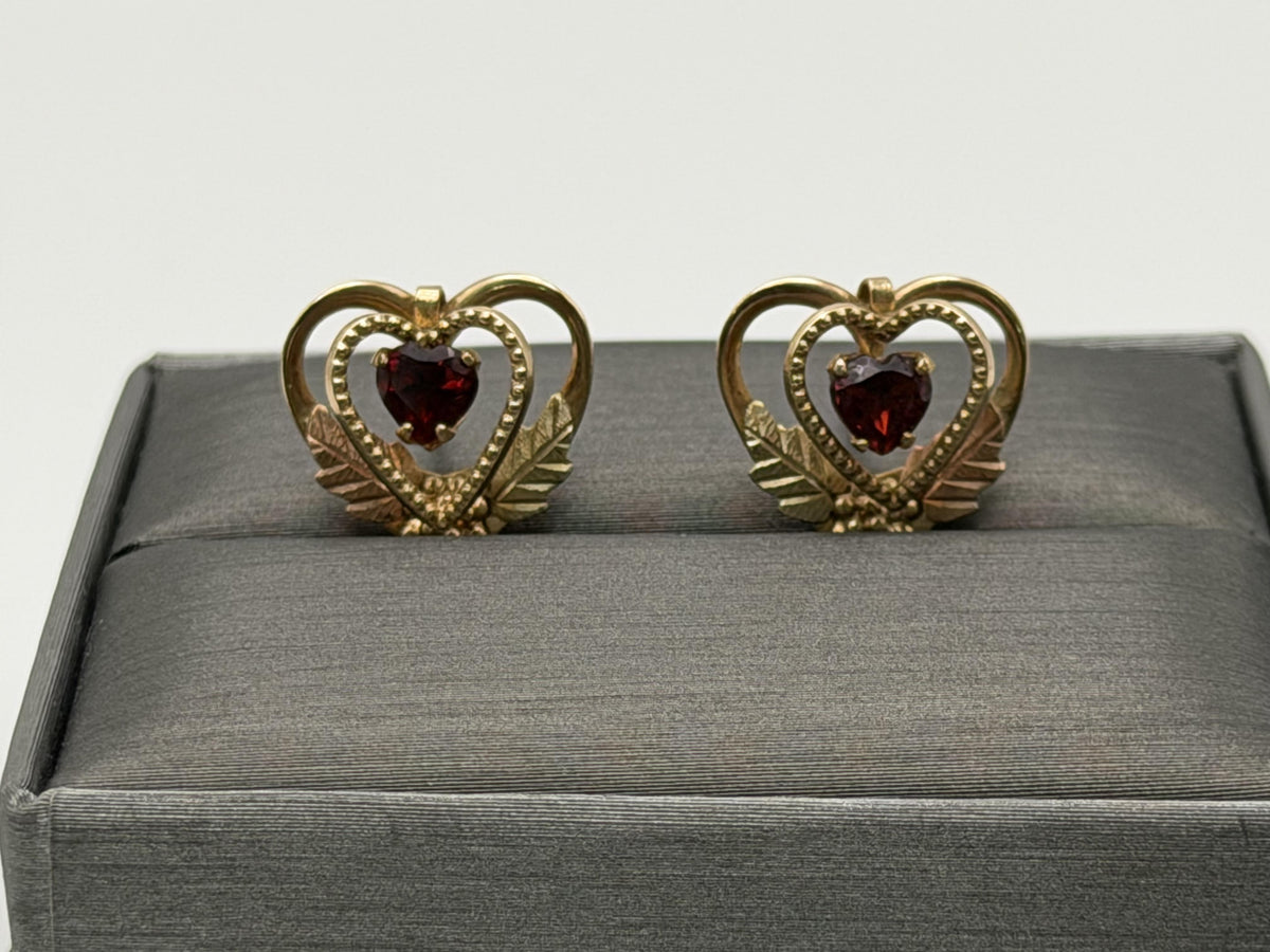10k Gold Garnet Floral Heart Earrings Vintage Leaf Design Black Hills Gold
