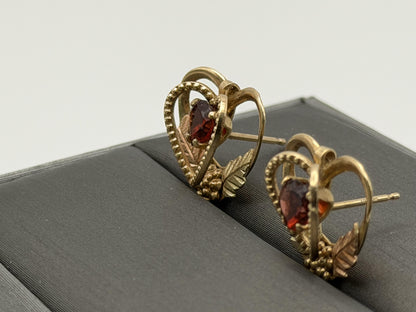 10k Gold Garnet Floral Heart Earrings Vintage Leaf Design Black Hills Gold