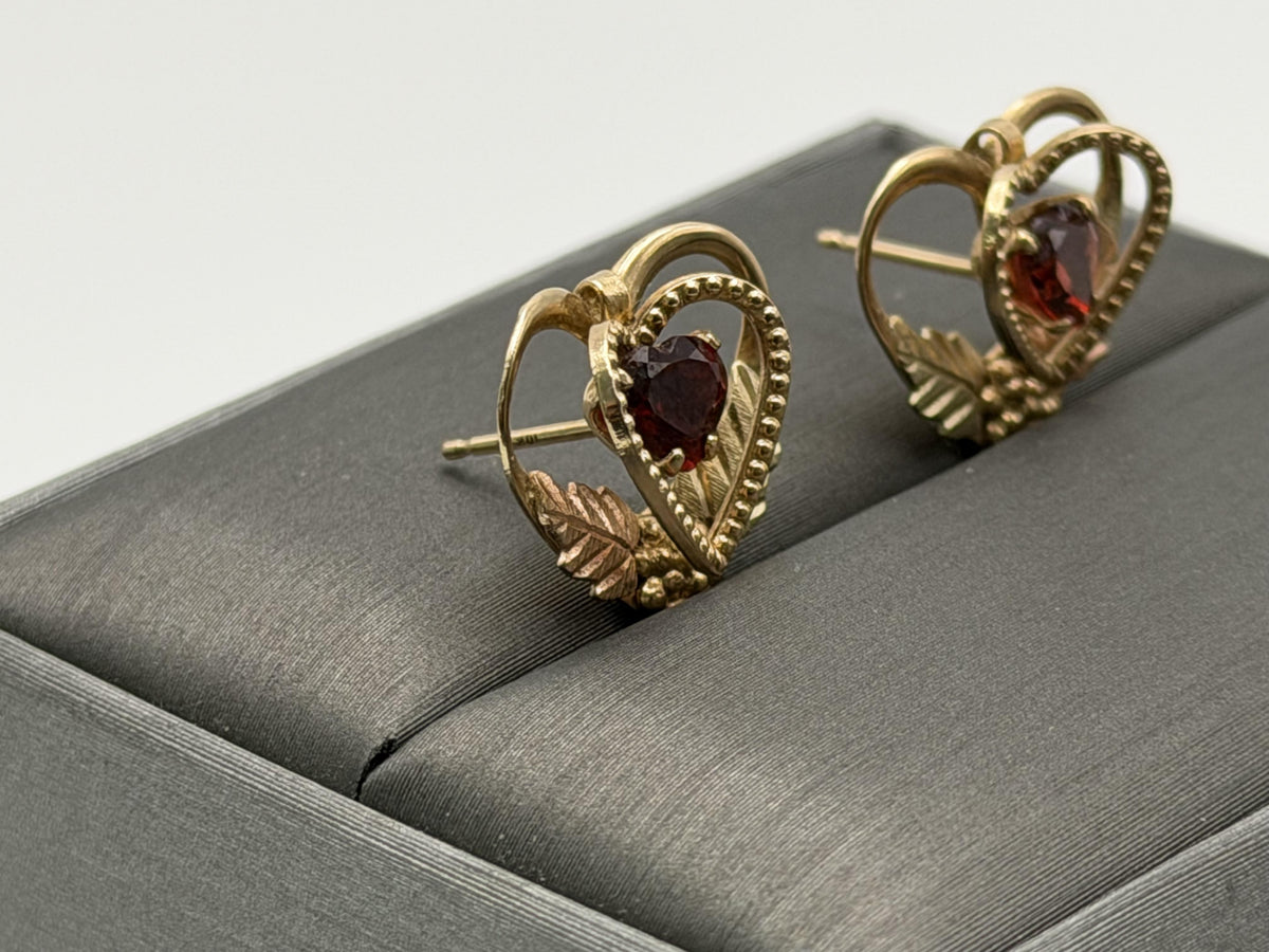 10k Gold Garnet Floral Heart Earrings Vintage Leaf Design Black Hills Gold