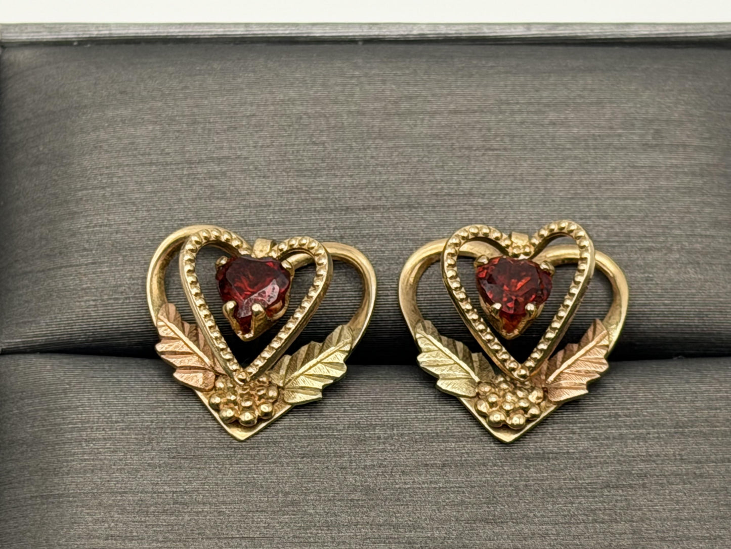 10k Gold Garnet Floral Heart Earrings Vintage Leaf Design Black Hills Gold