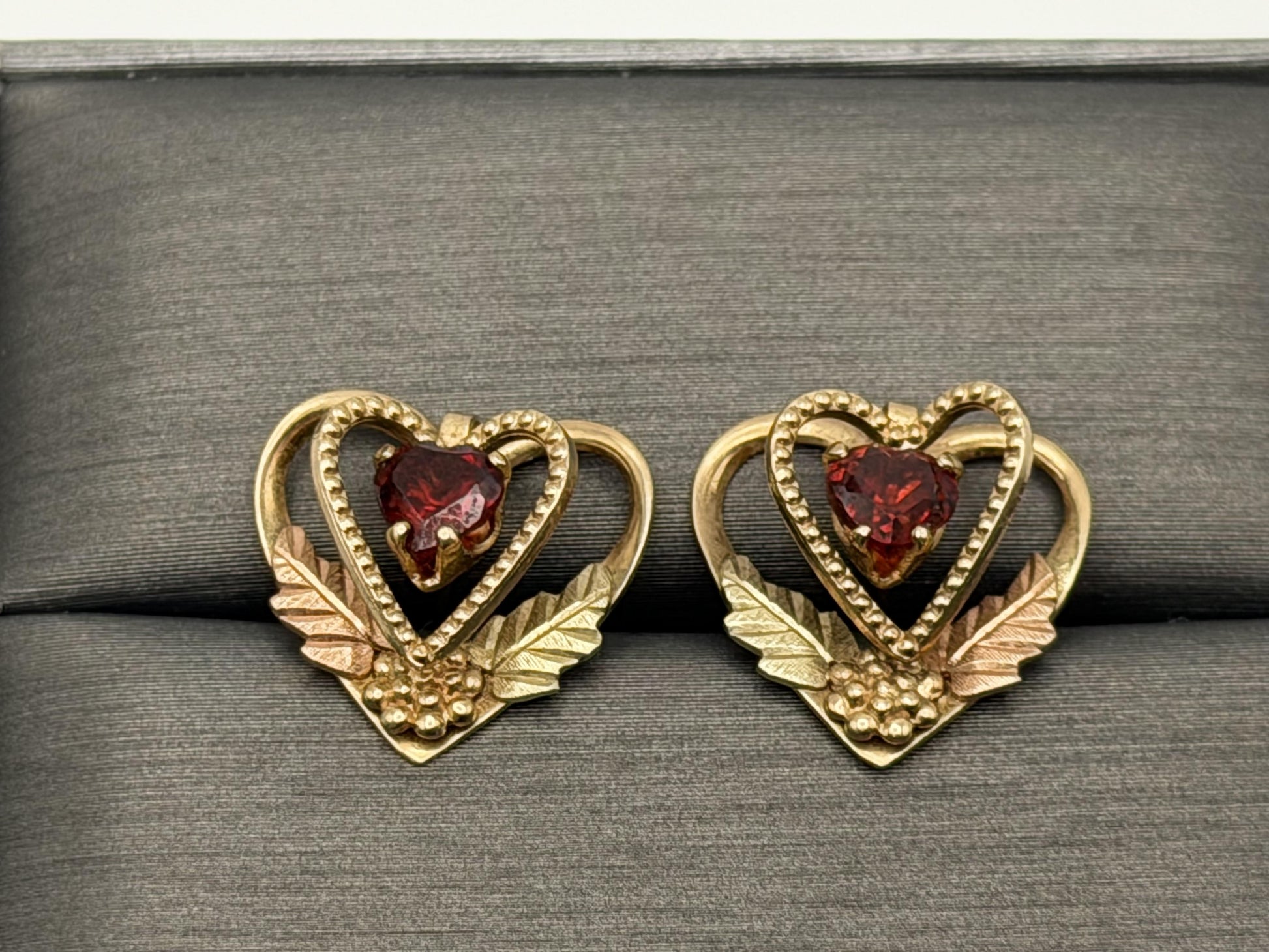 10k Gold Garnet Floral Heart Earrings Vintage Leaf Design Black Hills Gold