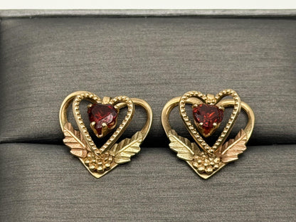 10k Gold Garnet Floral Heart Earrings Vintage Leaf Design Black Hills Gold