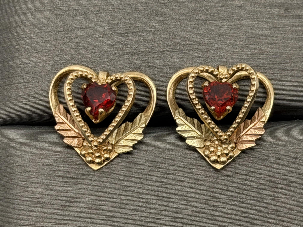 10k Gold Garnet Floral Heart Earrings Vintage Leaf Design Black Hills Gold