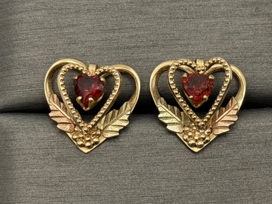 10k Gold Garnet Floral Heart Earrings Vintage Leaf Design Black Hills Gold