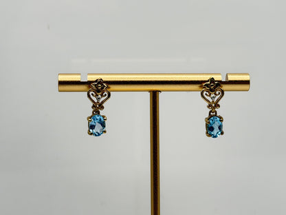 Vintage 10K Yellow Gold Blue Topaz & Diamond Dangle Earrings Oval Stone Earrings