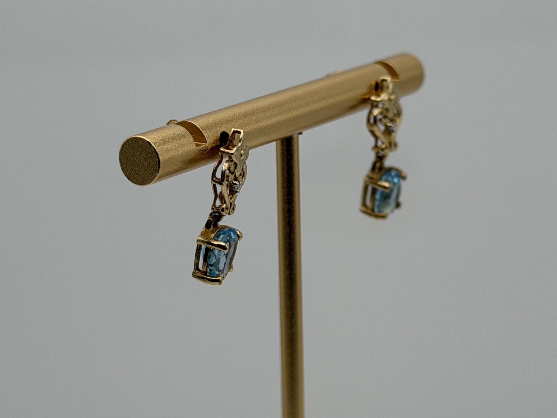 Vintage 10K Yellow Gold Blue Topaz & Diamond Dangle Earrings Oval Stone Earrings