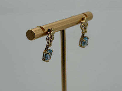 Vintage 10K Yellow Gold Blue Topaz & Diamond Dangle Earrings Oval Stone Earrings
