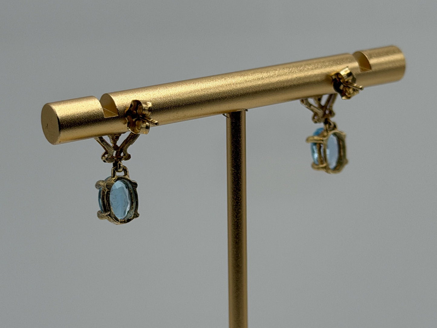 Vintage 10K Yellow Gold Blue Topaz & Diamond Dangle Earrings Oval Stone Earrings