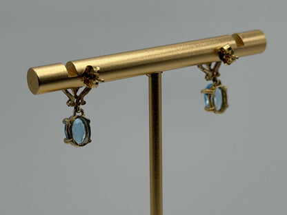 Vintage 10K Yellow Gold Blue Topaz & Diamond Dangle Earrings Oval Stone Earrings