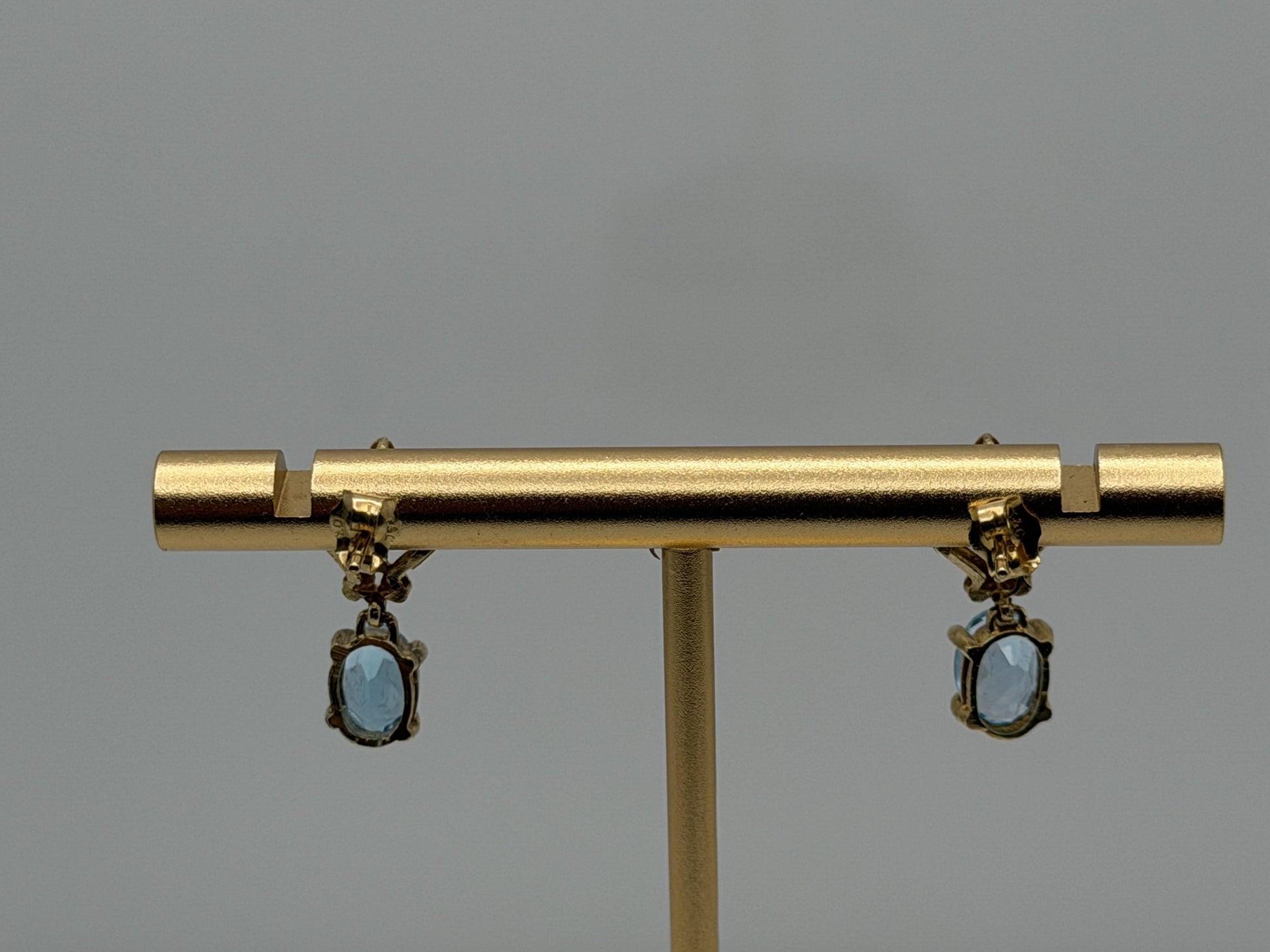Vintage 10K Yellow Gold Blue Topaz & Diamond Dangle Earrings Oval Stone Earrings