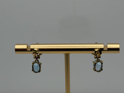 Vintage 10K Yellow Gold Blue Topaz & Diamond Dangle Earrings Oval Stone Earrings