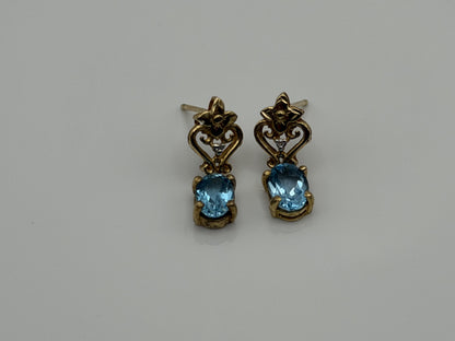 Vintage 10K Yellow Gold Blue Topaz & Diamond Dangle Earrings Oval Stone Earrings