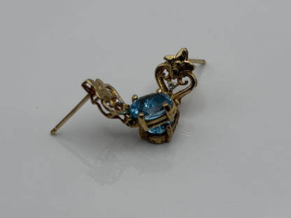 Vintage 10K Yellow Gold Blue Topaz & Diamond Dangle Earrings Oval Stone Earrings