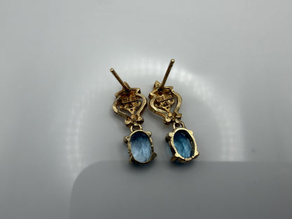 Vintage 10K Yellow Gold Blue Topaz & Diamond Dangle Earrings Oval Stone Earrings