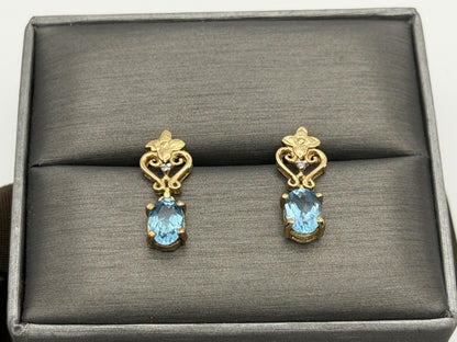 Vintage 10K Yellow Gold Blue Topaz & Diamond Dangle Earrings Oval Stone Earrings